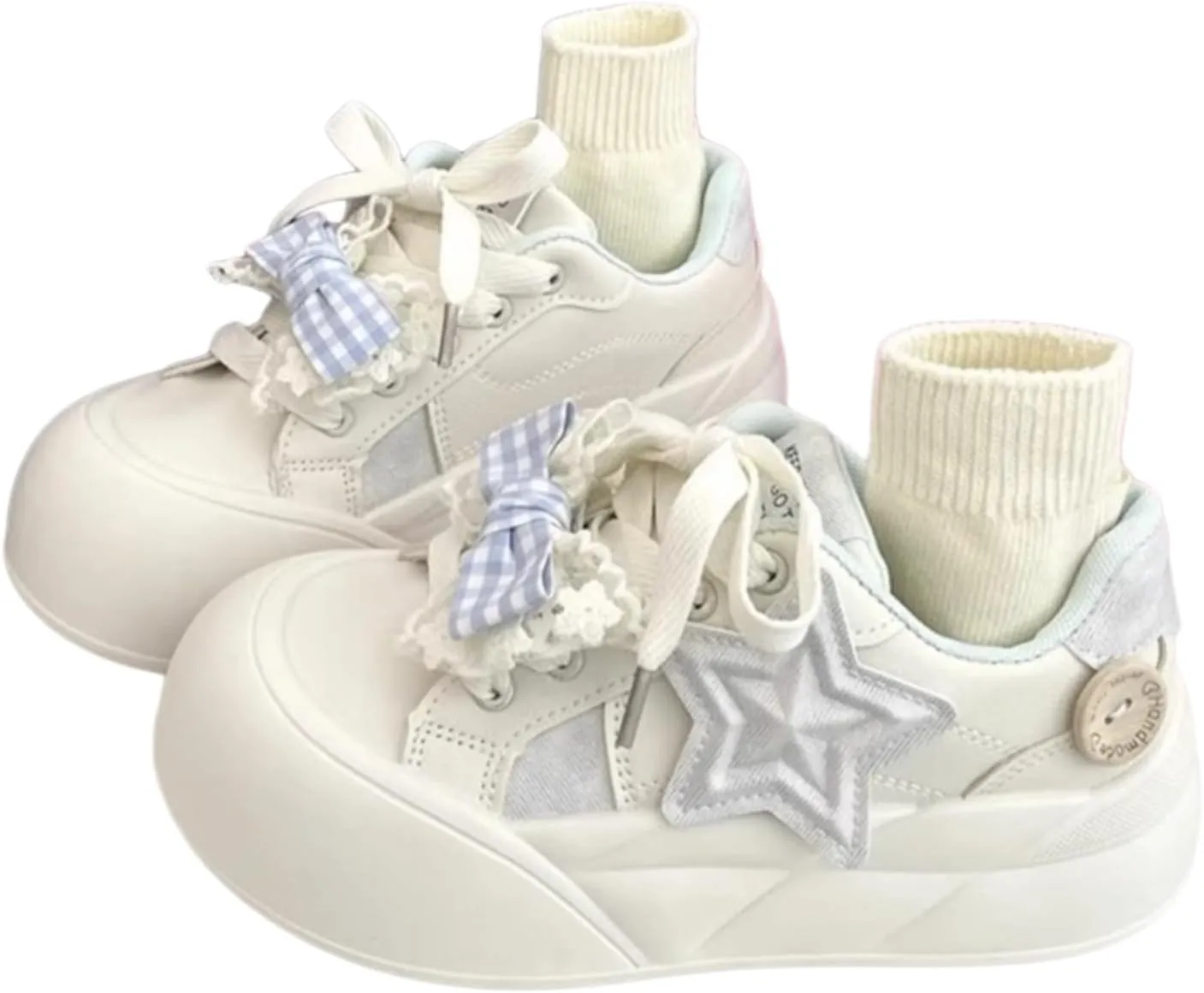 Cute Star-Embellished Chunky Sole Sneakers for Women & Teens – Lace-Up Shoes with Removable Bow Charms, Pink and Blue Options - Perfect for Gifts