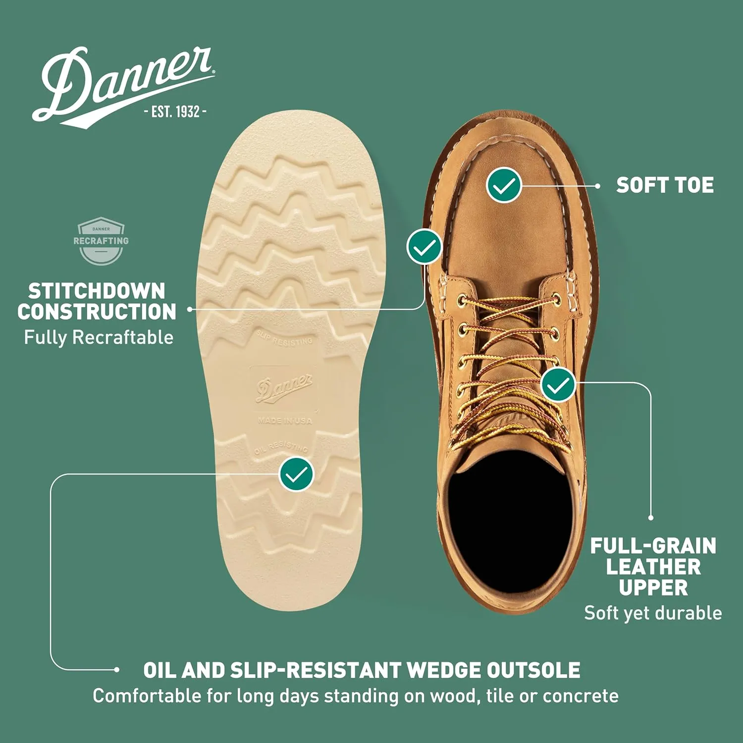 Danner 6” Bull Run Moc Toe Work Boots for Men - Oiled Full-Grain Leather Upper with Non Slip Wedge Outsole and 3-Density Cushion Footbed, EH Resistant
