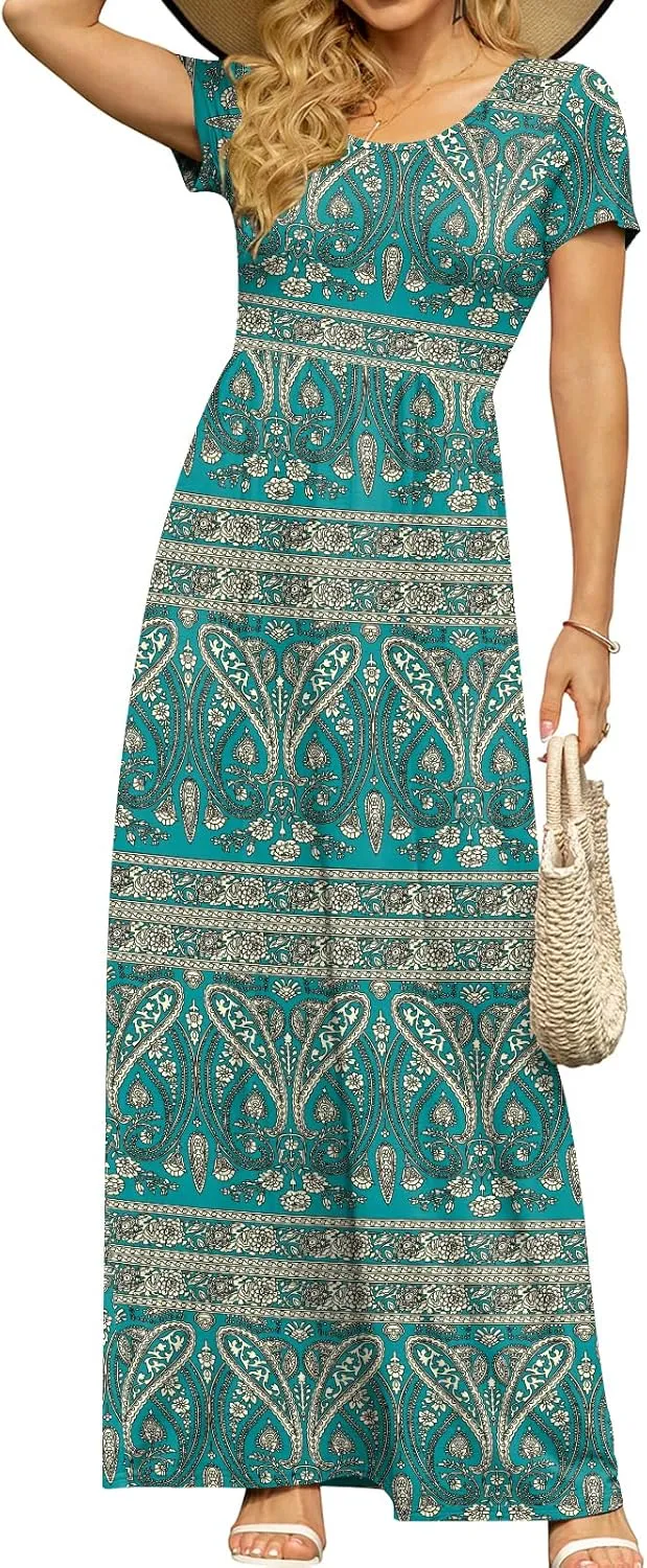 DB MOON Women's Short Sleeve Maxi Dresses Casual Empire Waist Long Dress with Pockets