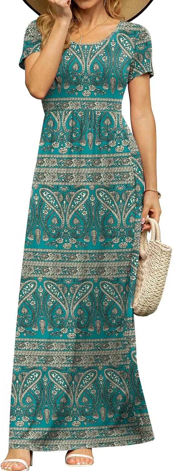 DB MOON Women's Short Sleeve Maxi Dresses Casual Empire Waist Long Dress with Pockets