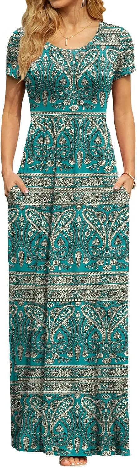 DB MOON Women's Short Sleeve Maxi Dresses Casual Empire Waist Long Dress with Pockets