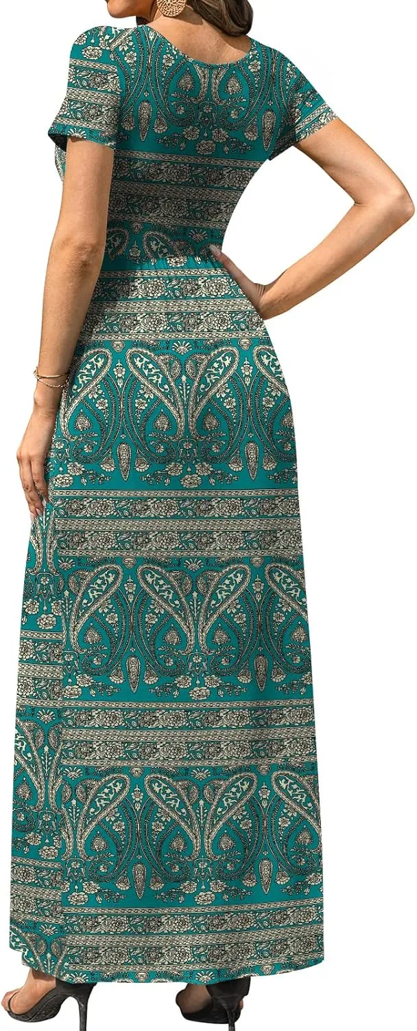 DB MOON Women's Short Sleeve Maxi Dresses Casual Empire Waist Long Dress with Pockets