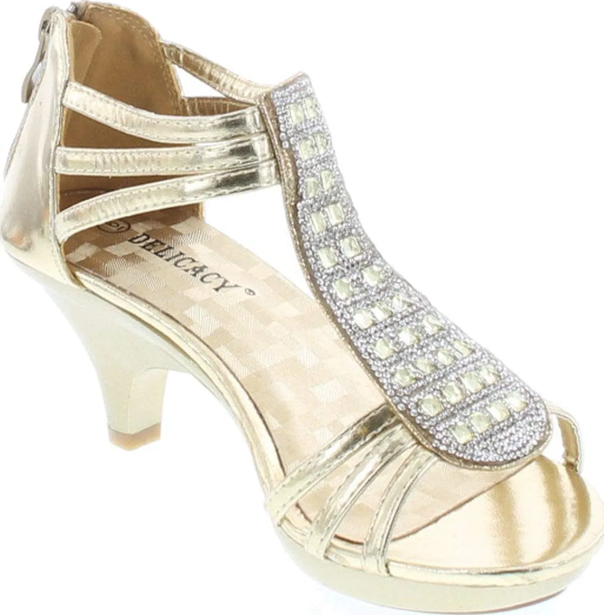 Delicacy Angie-27 Women's Patent Open Toe Rhinestone Beads D'Orsay Zip Closure Kitten Heel Dance