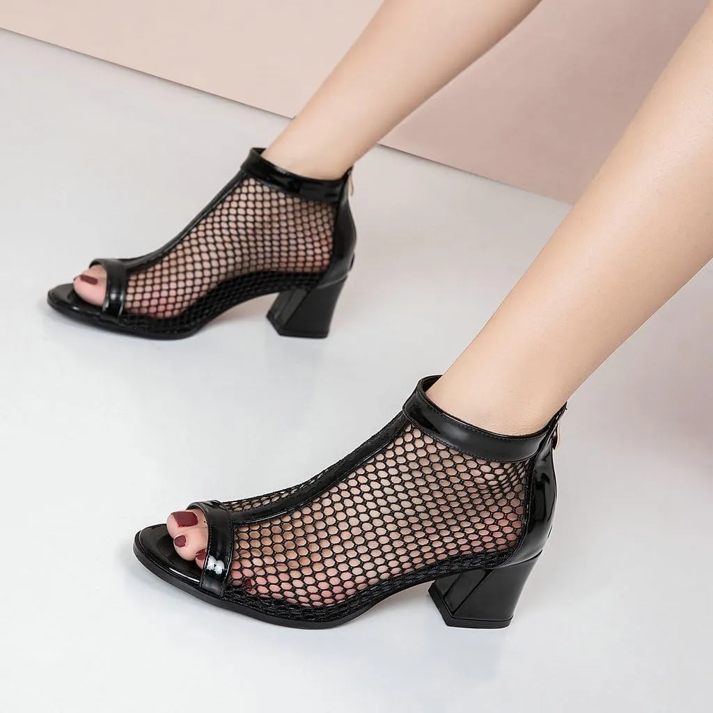DINTAHA Mesh Open Toe Chunky Heel Booties Peep Toe Ankle Boots Low Heel Summer Boots