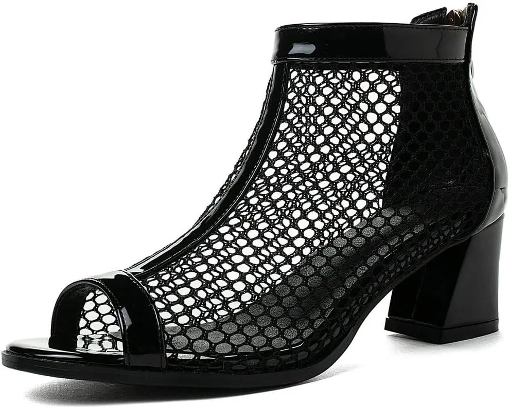 DINTAHA Mesh Open Toe Chunky Heel Booties Peep Toe Ankle Boots Low Heel Summer Boots