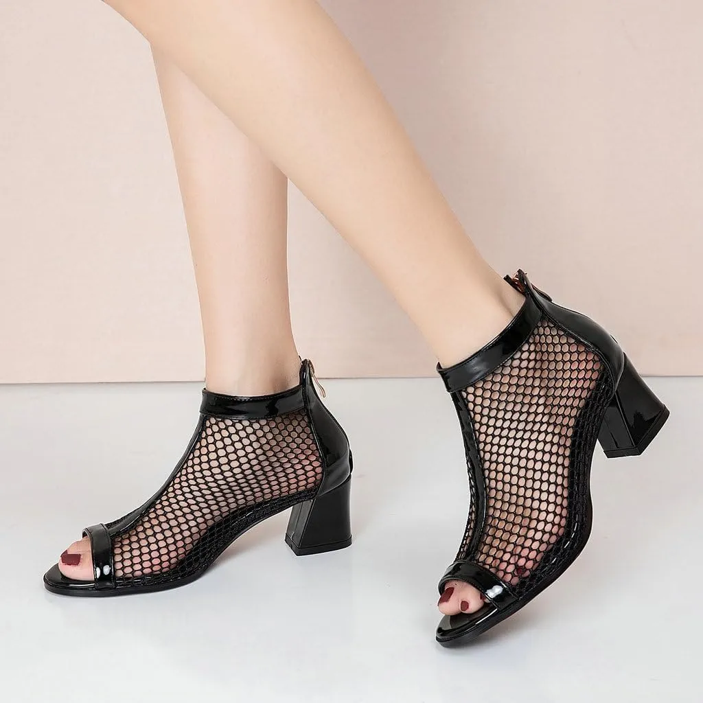 DINTAHA Mesh Open Toe Chunky Heel Booties Peep Toe Ankle Boots Low Heel Summer Boots