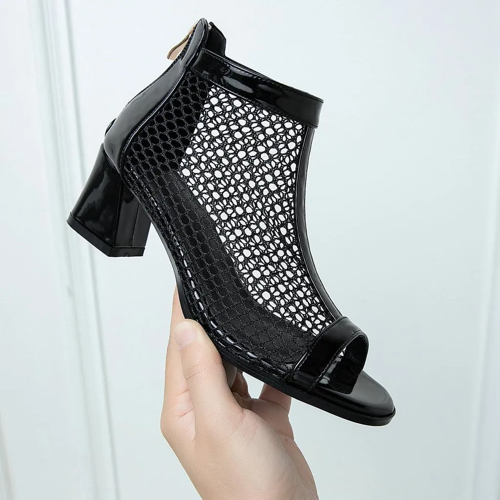 DINTAHA Mesh Open Toe Chunky Heel Booties Peep Toe Ankle Boots Low Heel Summer Boots