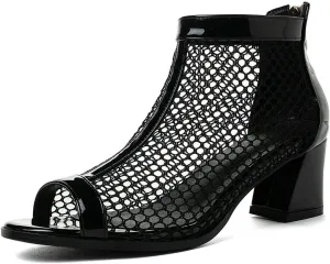 DINTAHA Mesh Open Toe Chunky Heel Booties Peep Toe Ankle Boots Low Heel Summer Boots