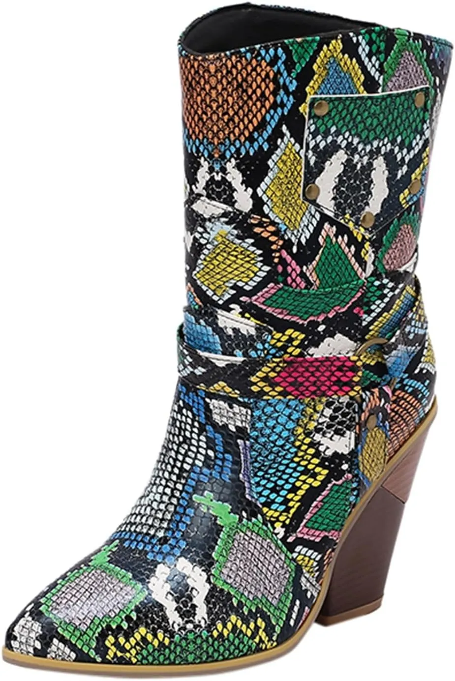 DIYCAM Women's Snakeskin Chunky High Heels Booties Pointed Toe Block Heel Snake Print Ankle Boots Fashion Low Block Heel Ankle Boots Snake Skin Print Ankle Boots Booties for Women