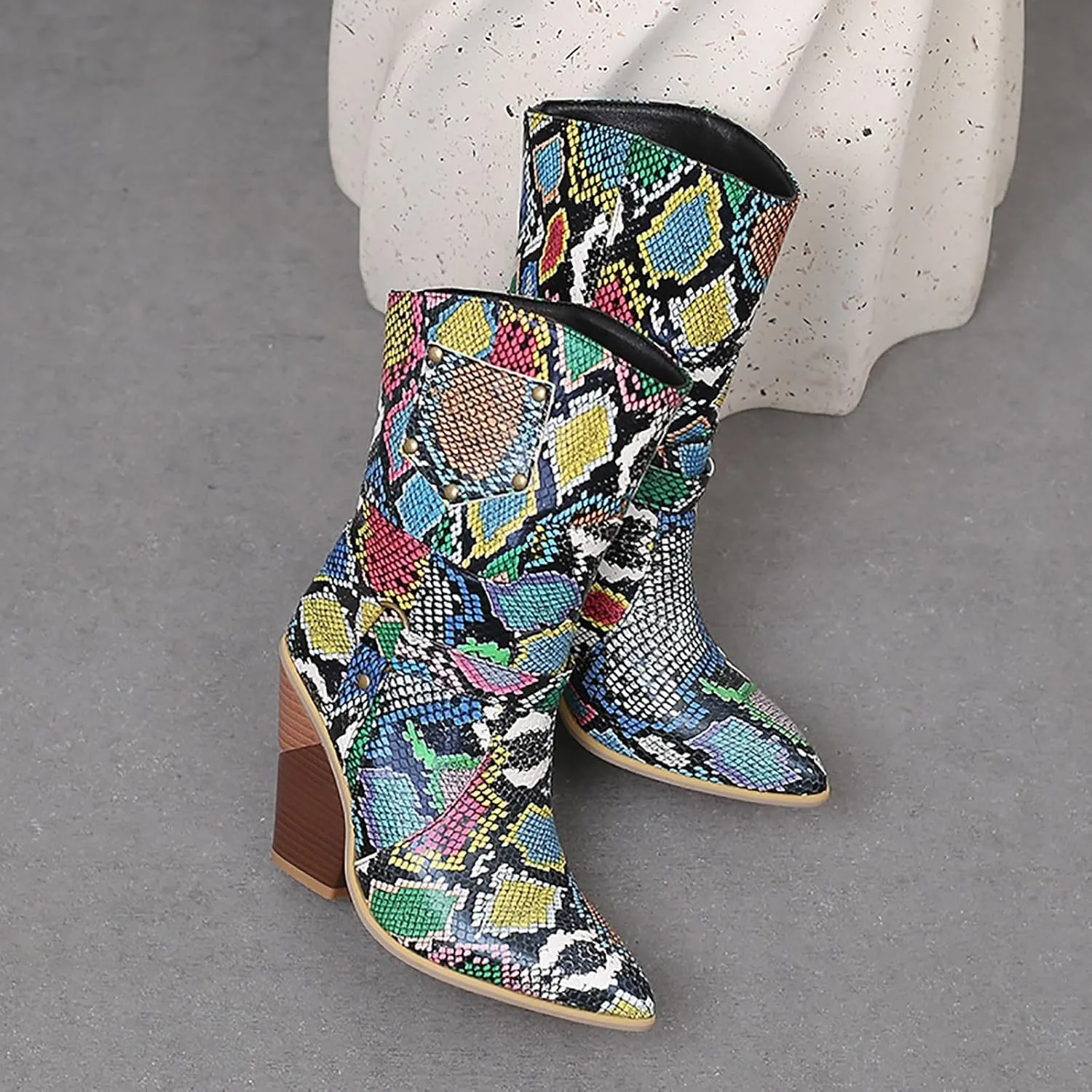 DIYCAM Women's Snakeskin Chunky High Heels Booties Pointed Toe Block Heel Snake Print Ankle Boots Fashion Low Block Heel Ankle Boots Snake Skin Print Ankle Boots Booties for Women