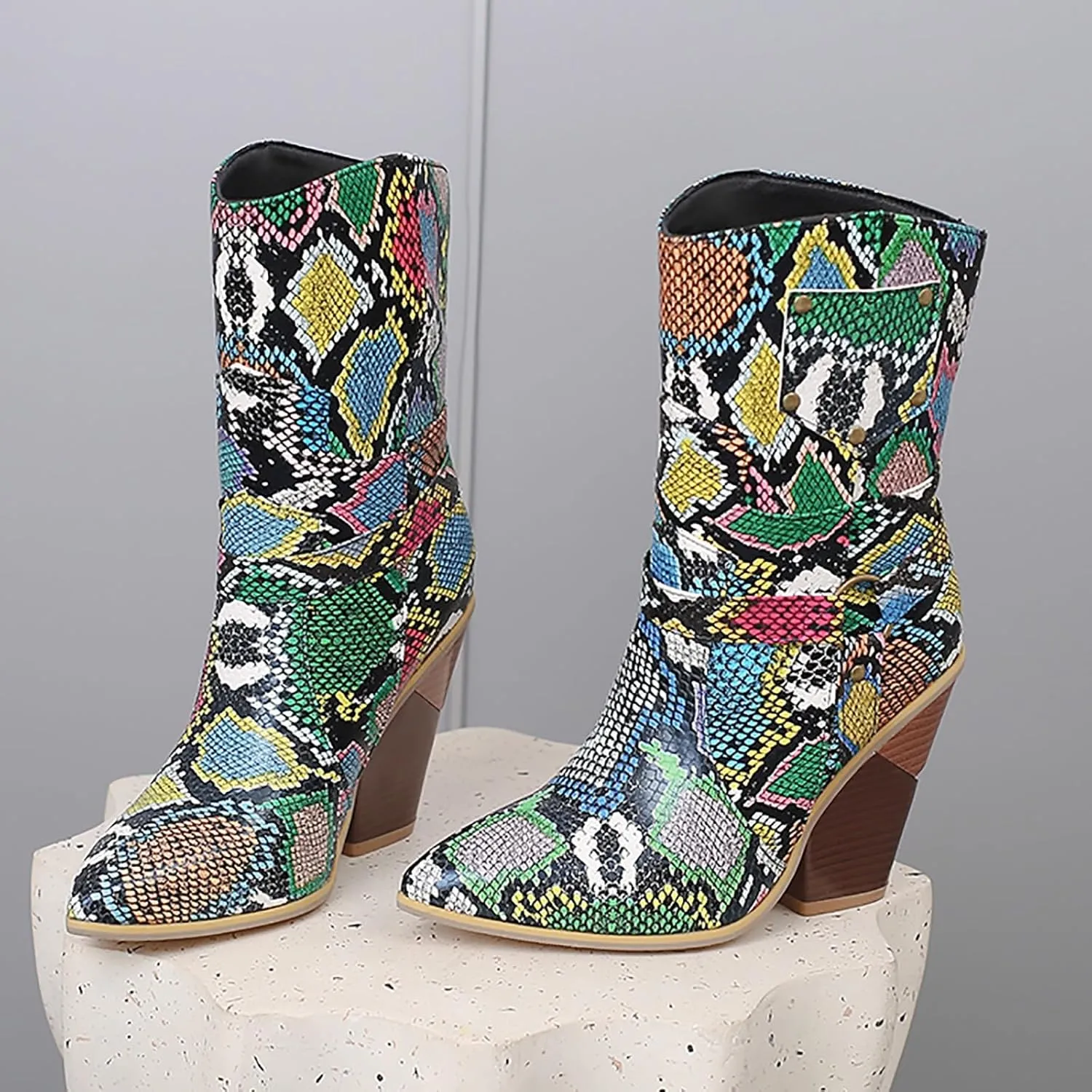 DIYCAM Women's Snakeskin Chunky High Heels Booties Pointed Toe Block Heel Snake Print Ankle Boots Fashion Low Block Heel Ankle Boots Snake Skin Print Ankle Boots Booties for Women