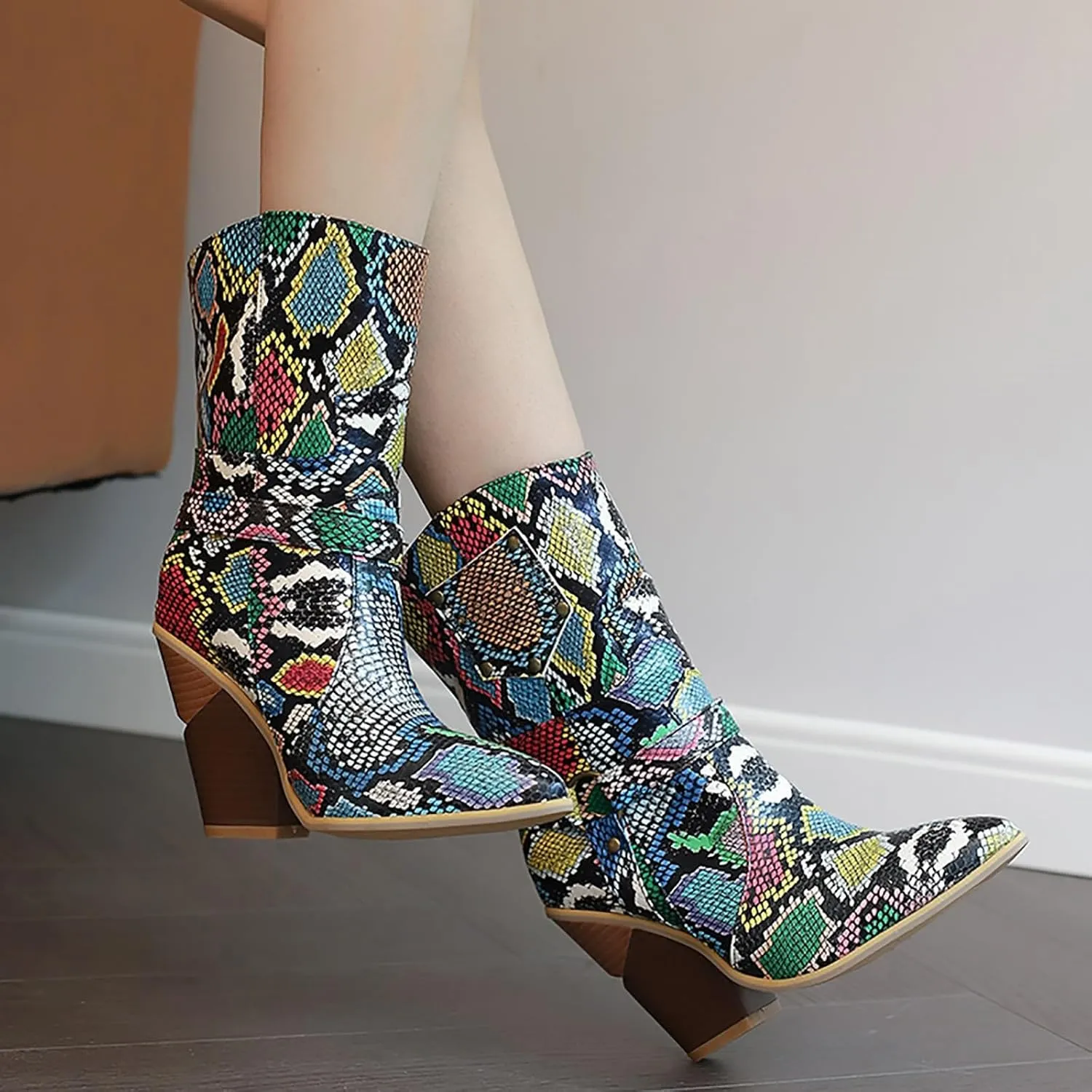 DIYCAM Women's Snakeskin Chunky High Heels Booties Pointed Toe Block Heel Snake Print Ankle Boots Fashion Low Block Heel Ankle Boots Snake Skin Print Ankle Boots Booties for Women