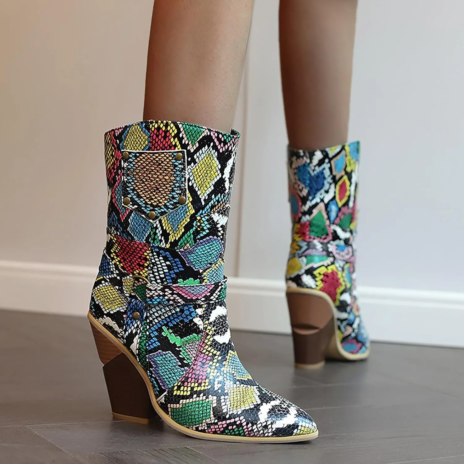 DIYCAM Women's Snakeskin Chunky High Heels Booties Pointed Toe Block Heel Snake Print Ankle Boots Fashion Low Block Heel Ankle Boots Snake Skin Print Ankle Boots Booties for Women