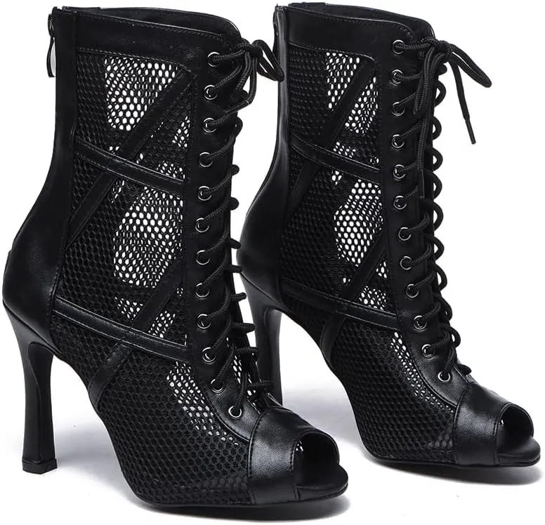 DKZSYIM Open Toe Dance Boots Women Latin Salsa Ballroom Lace-up Dance Shoes,Model K99