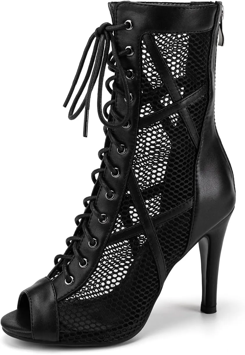 DKZSYIM Open Toe Dance Boots Women Latin Salsa Ballroom Lace-up Dance Shoes,Model K99