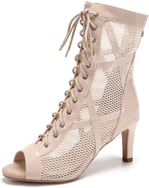 DKZSYIM Open Toe Dance Boots Women Latin Salsa Ballroom Lace-up Dance Shoes,Model K99