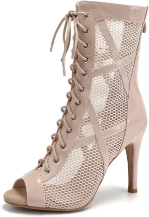 DKZSYIM Open Toe Dance Boots Women Latin Salsa Ballroom Lace-up Dance Shoes,Model K99