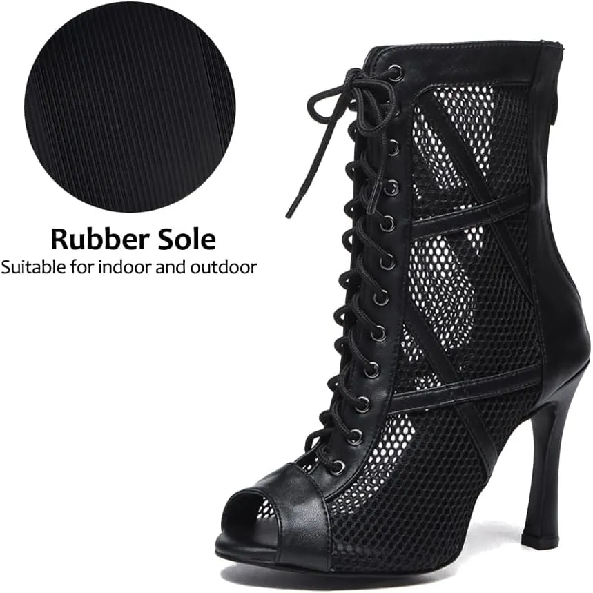 DKZSYIM Open Toe Dance Boots Women Latin Salsa Ballroom Lace-up Dance Shoes,Model K99