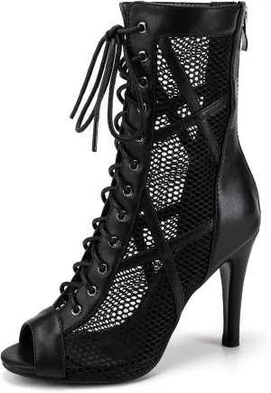 DKZSYIM Open Toe Dance Boots Women Latin Salsa Ballroom Lace-up Dance Shoes,Model K99
