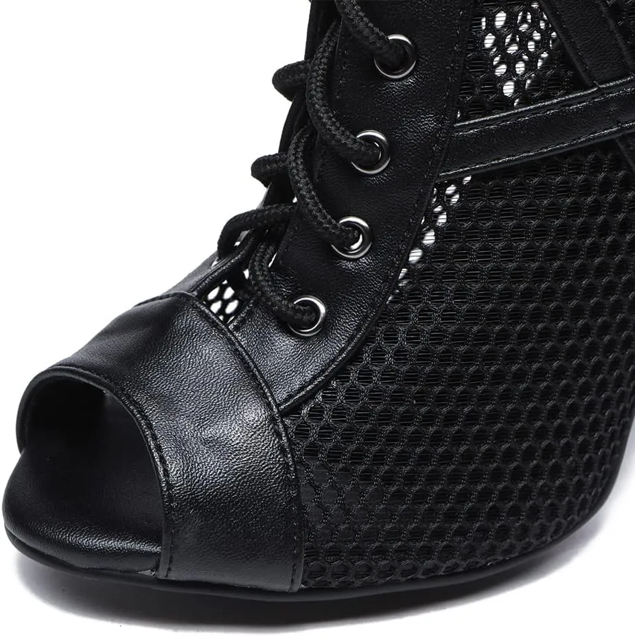 DKZSYIM Open Toe Dance Boots Women Latin Salsa Ballroom Lace-up Dance Shoes,Model K99