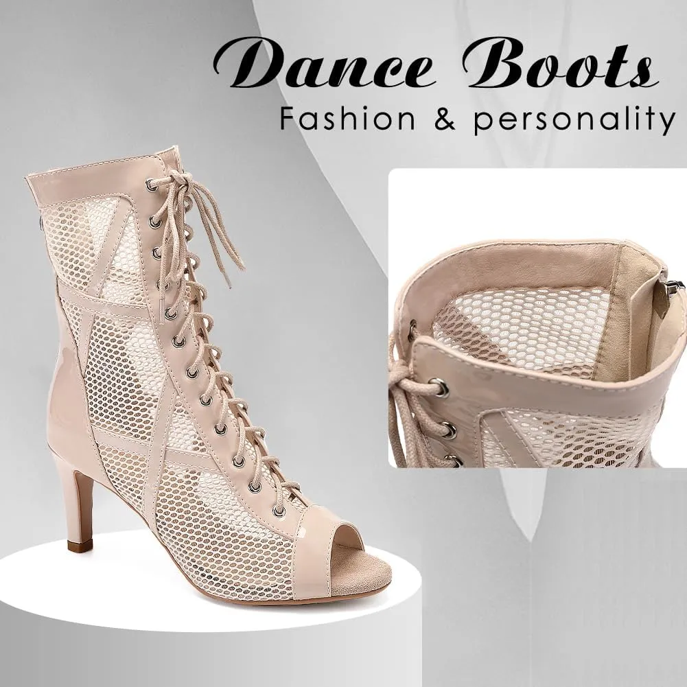 DKZSYIM Open Toe Dance Boots Women Latin Salsa Ballroom Lace-up Dance Shoes,Model K99