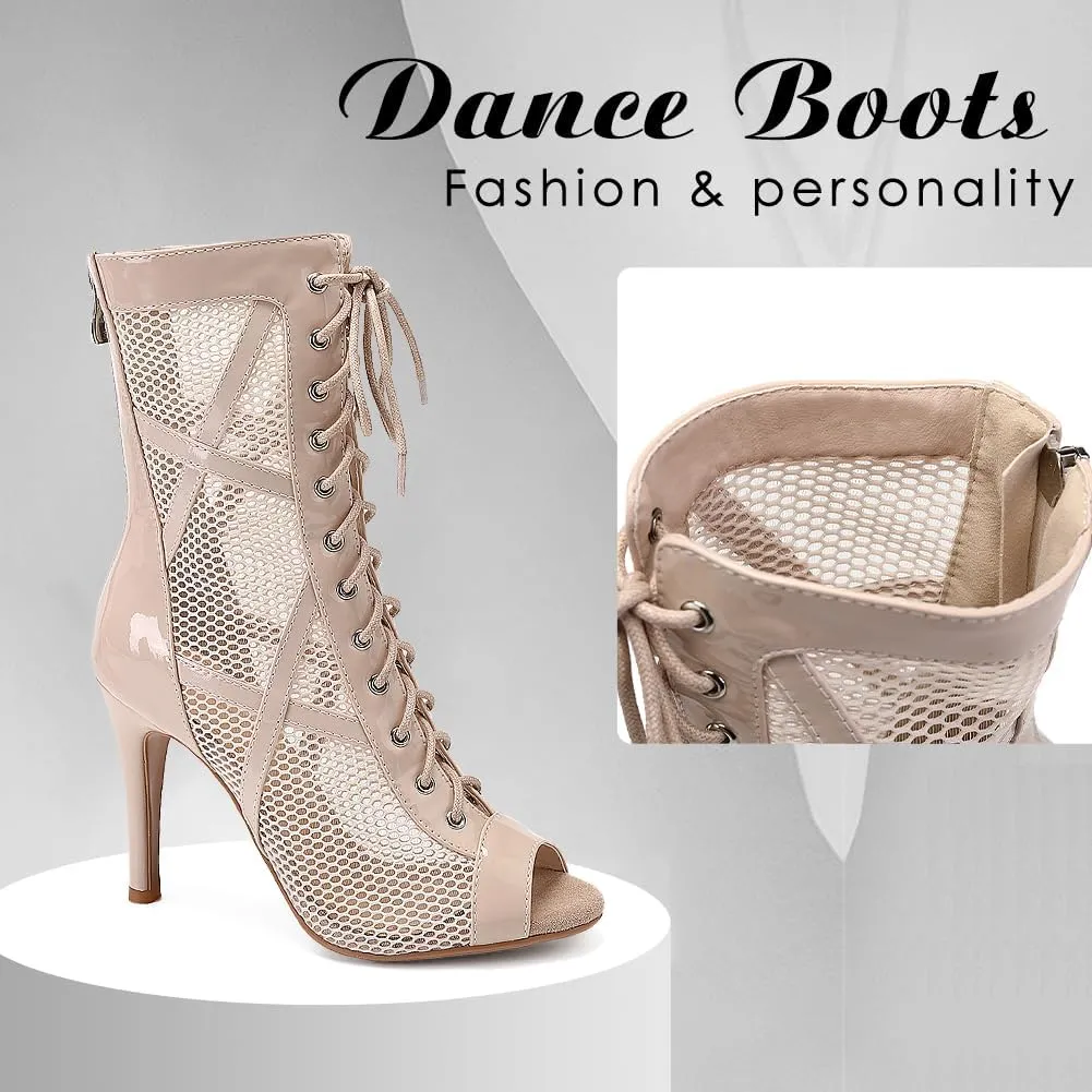 DKZSYIM Open Toe Dance Boots Women Latin Salsa Ballroom Lace-up Dance Shoes,Model K99