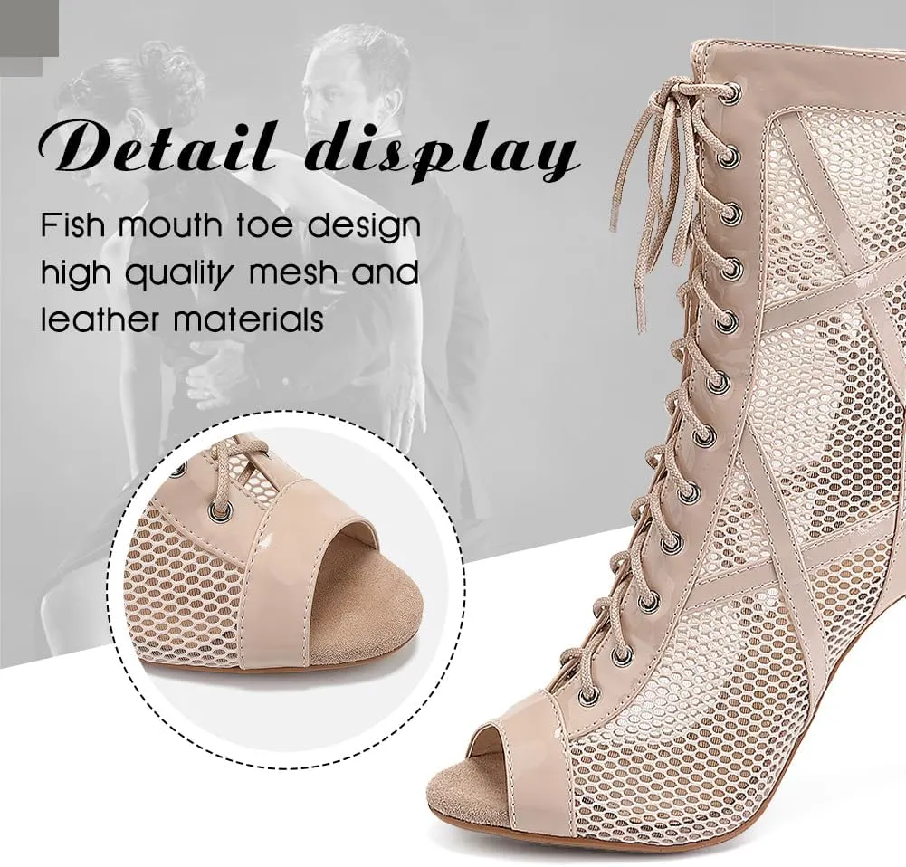 DKZSYIM Open Toe Dance Boots Women Latin Salsa Ballroom Lace-up Dance Shoes,Model K99