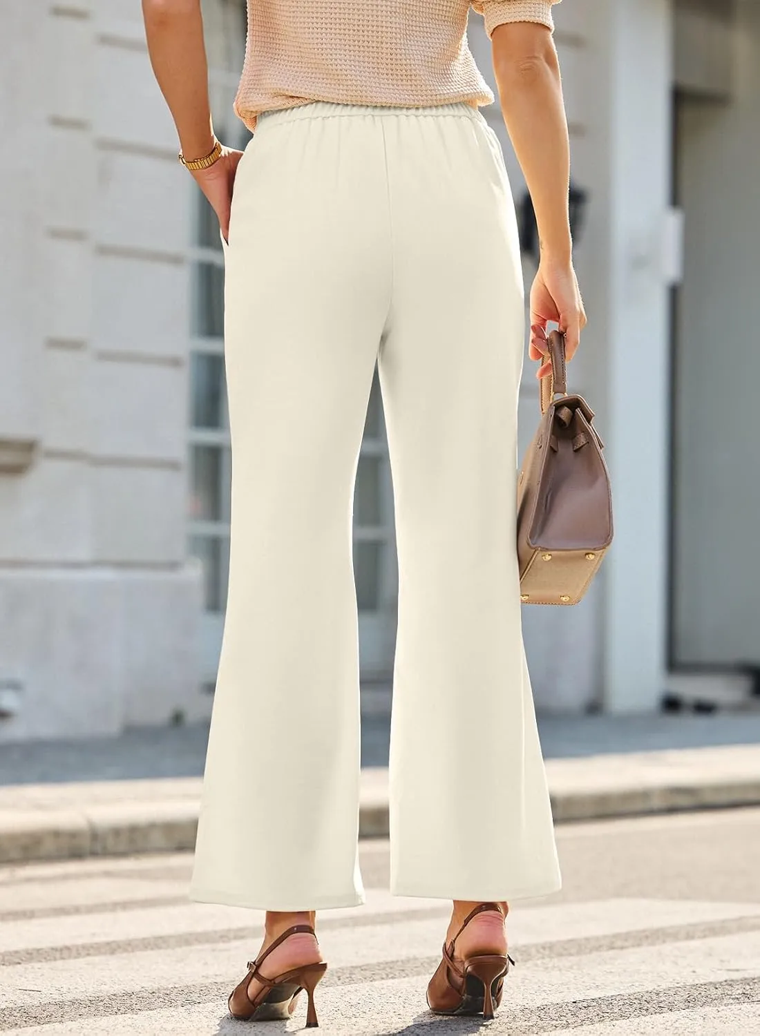 Dokotoo Wide Leg Pants Woman Elastic High Waisted Waffle Knit Dressy Casual Trousers Pants with Pockets