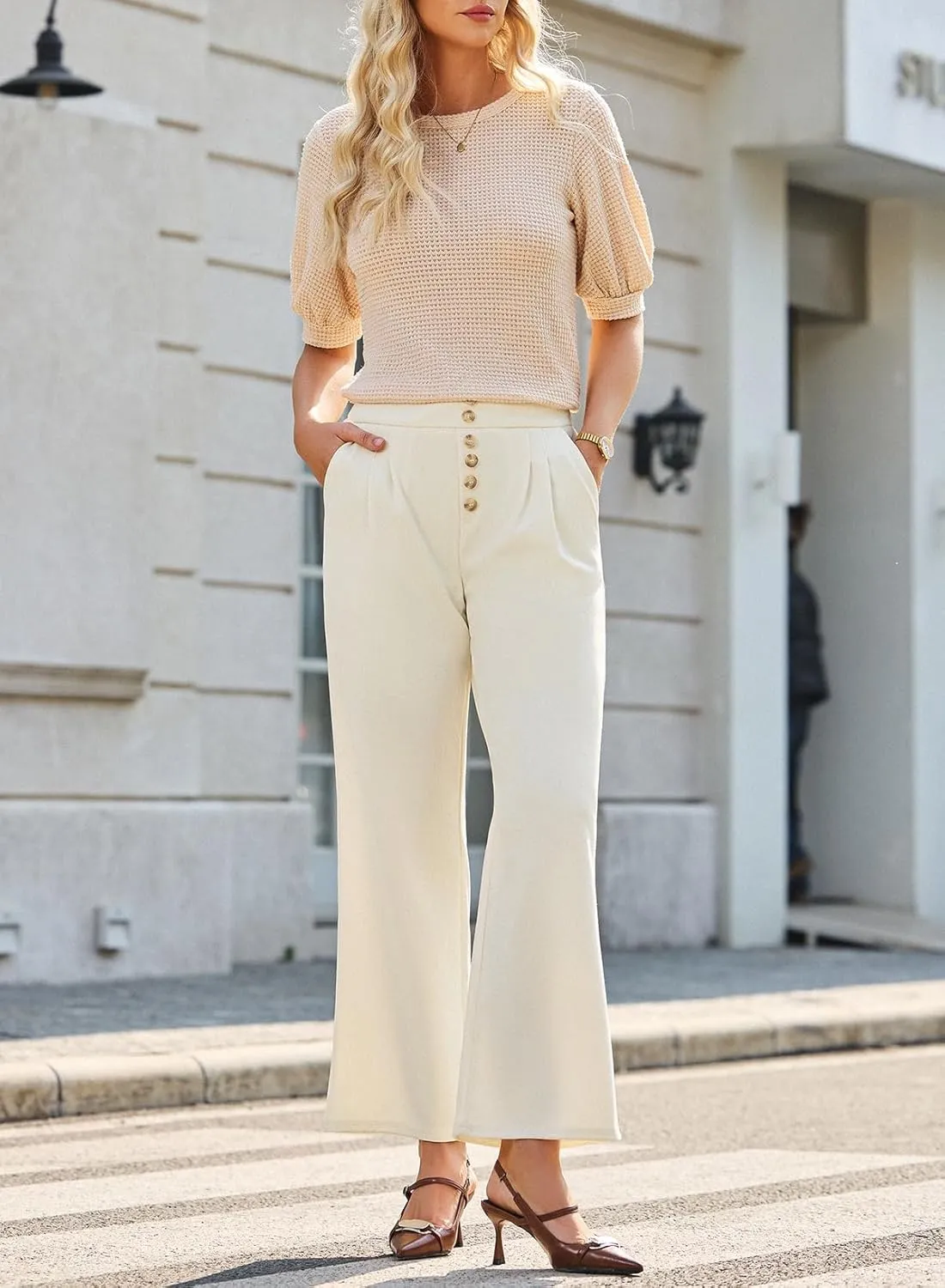 Dokotoo Wide Leg Pants Woman Elastic High Waisted Waffle Knit Dressy Casual Trousers Pants with Pockets