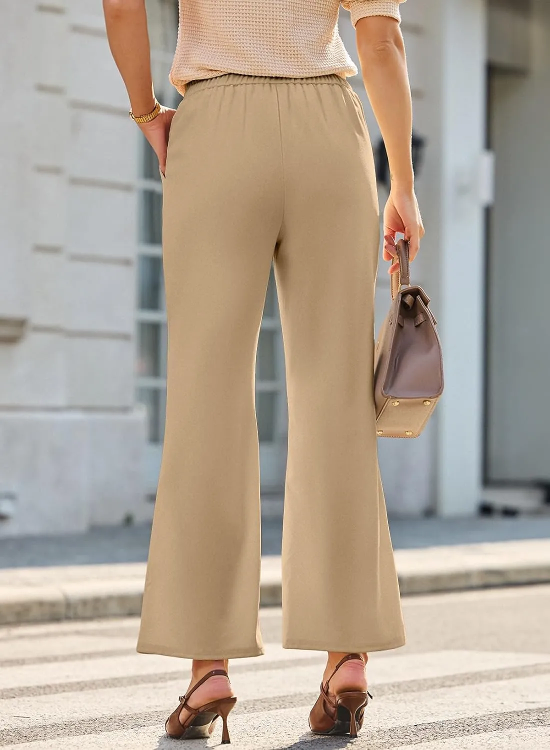 Dokotoo Wide Leg Pants Woman Elastic High Waisted Waffle Knit Dressy Casual Trousers Pants with Pockets