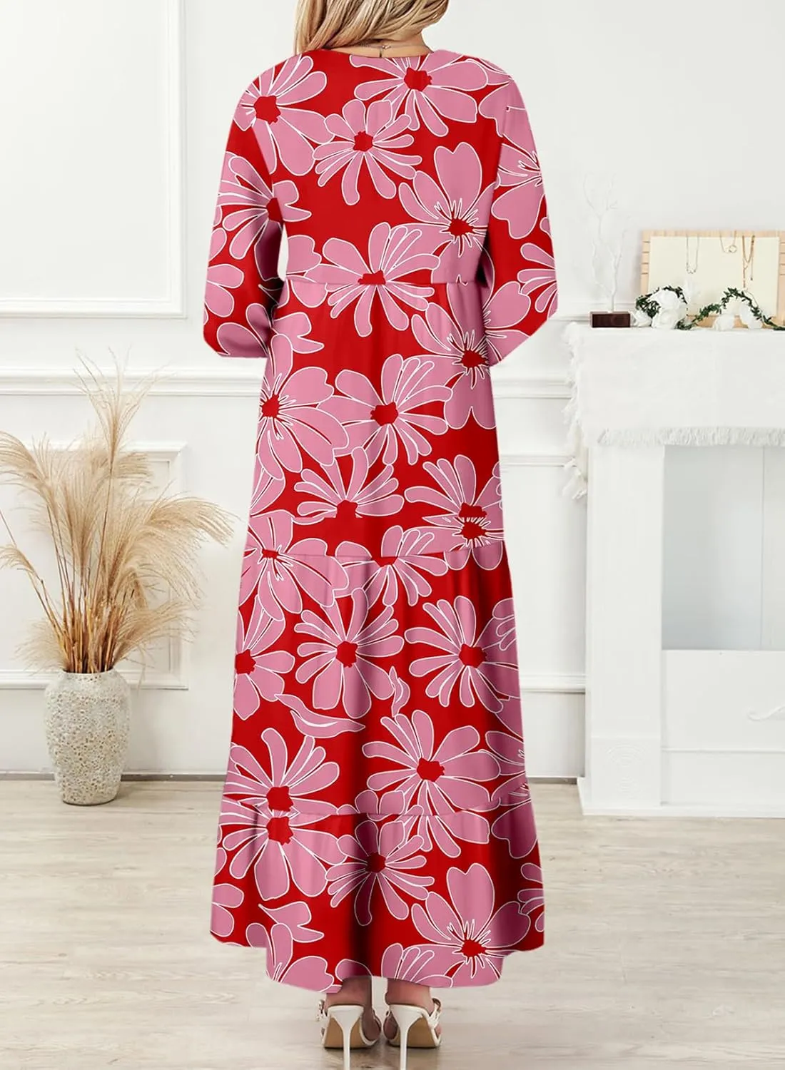 Dokotoo Women Boho Maxi Dresses 2025 V Neck Long Puff Sleeve Smocked Ruffle Flowy Casual Dress