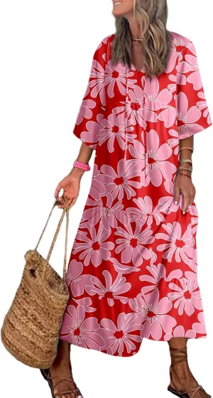 Dokotoo Women Boho Maxi Dresses 2025 V Neck Long Puff Sleeve Smocked Ruffle Flowy Casual Dress