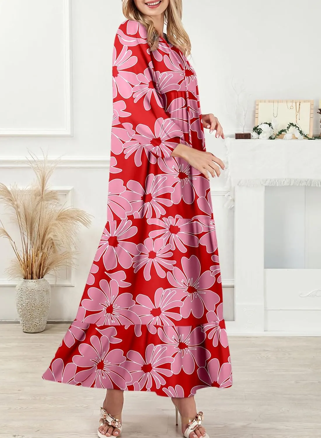 Dokotoo Women Boho Maxi Dresses 2025 V Neck Long Puff Sleeve Smocked Ruffle Flowy Casual Dress