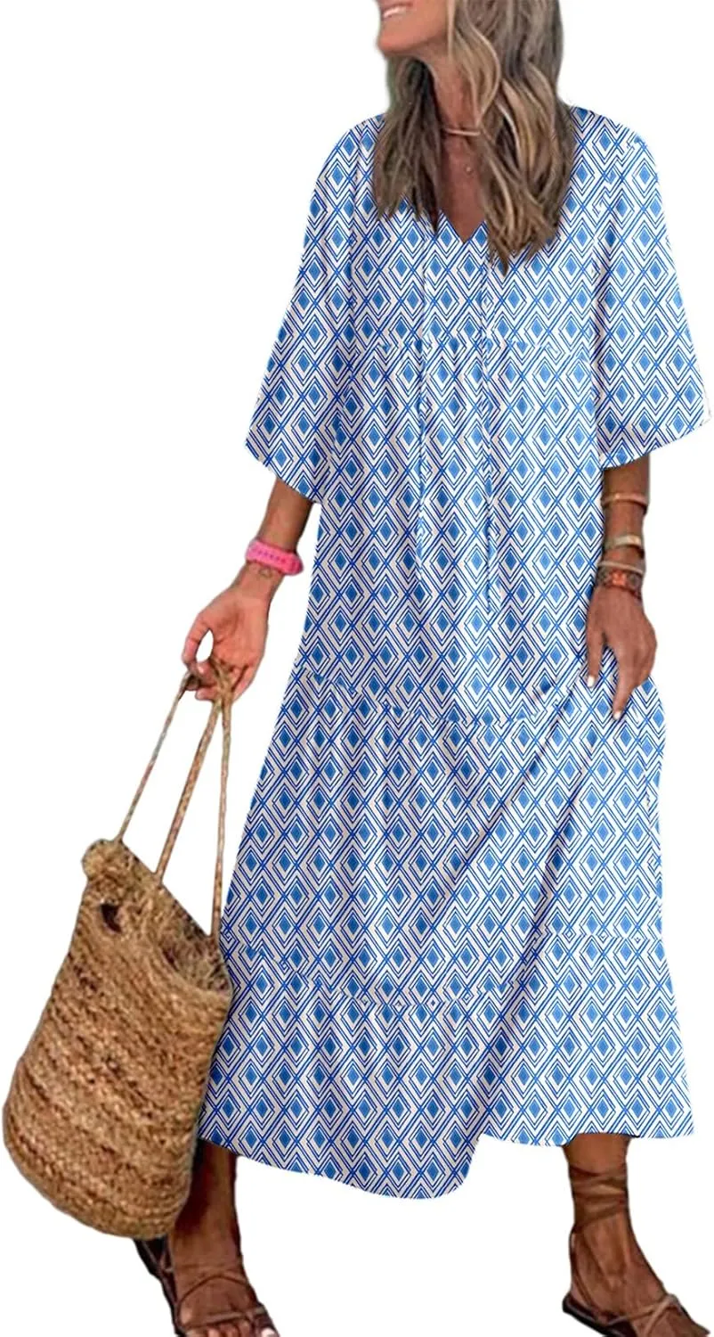Dokotoo Women Boho Maxi Dresses 2025 V Neck Long Puff Sleeve Smocked Ruffle Flowy Casual Dress