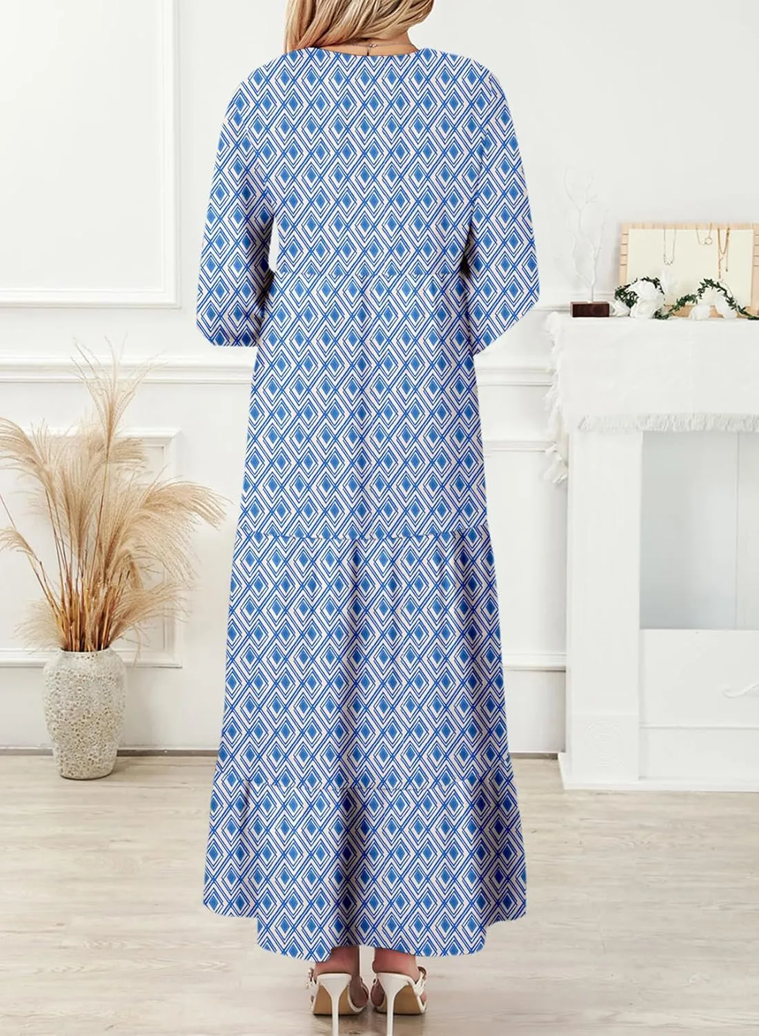 Dokotoo Women Boho Maxi Dresses 2025 V Neck Long Puff Sleeve Smocked Ruffle Flowy Casual Dress