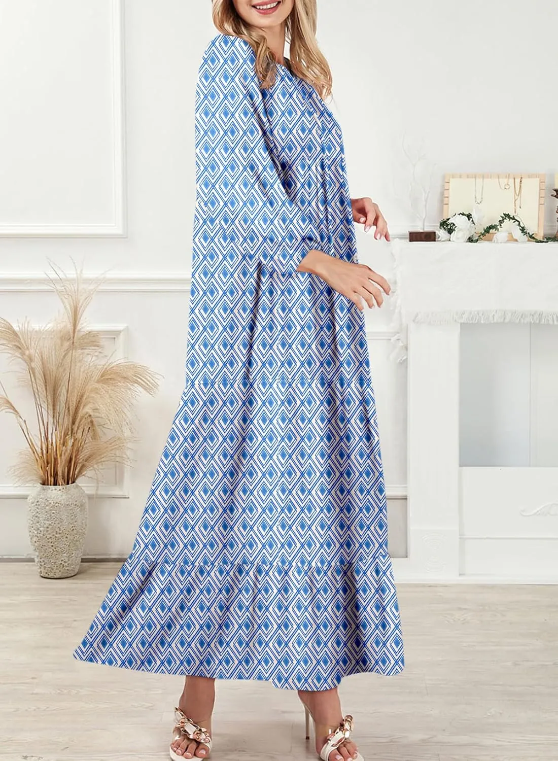 Dokotoo Women Boho Maxi Dresses 2025 V Neck Long Puff Sleeve Smocked Ruffle Flowy Casual Dress
