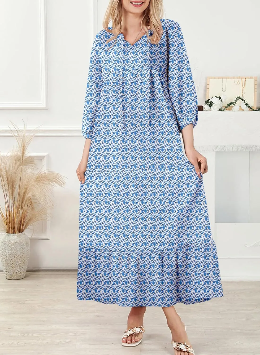 Dokotoo Women Boho Maxi Dresses 2025 V Neck Long Puff Sleeve Smocked Ruffle Flowy Casual Dress