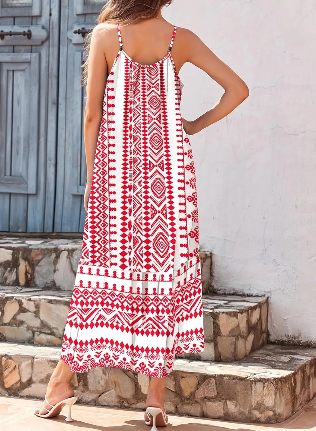 Dokotoo Women Summer Dresses 2025 Spaghetti Strap Scoop Neck Smocked Ruffle Flowy Boho Maxi Dress