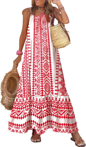 Dokotoo Women Summer Dresses 2025 Spaghetti Strap Scoop Neck Smocked Ruffle Flowy Boho Maxi Dress