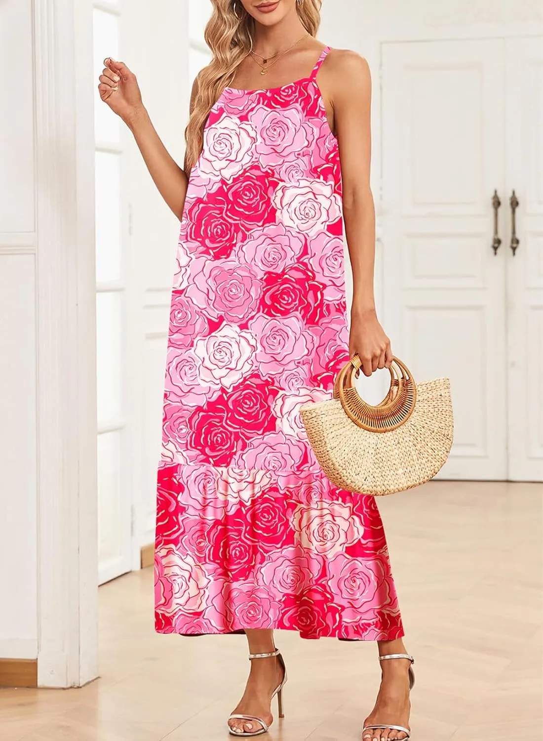 Dokotoo Women Summer Dresses 2025 Spaghetti Strap Scoop Neck Smocked Ruffle Flowy Boho Maxi Dress