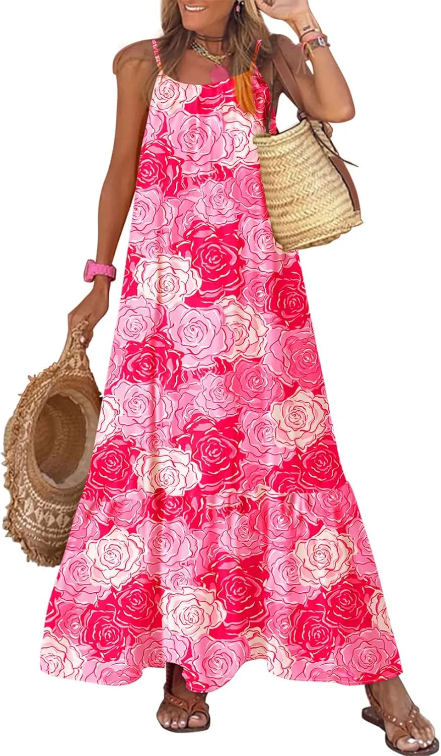 Dokotoo Women Summer Dresses 2025 Spaghetti Strap Scoop Neck Smocked Ruffle Flowy Boho Maxi Dress