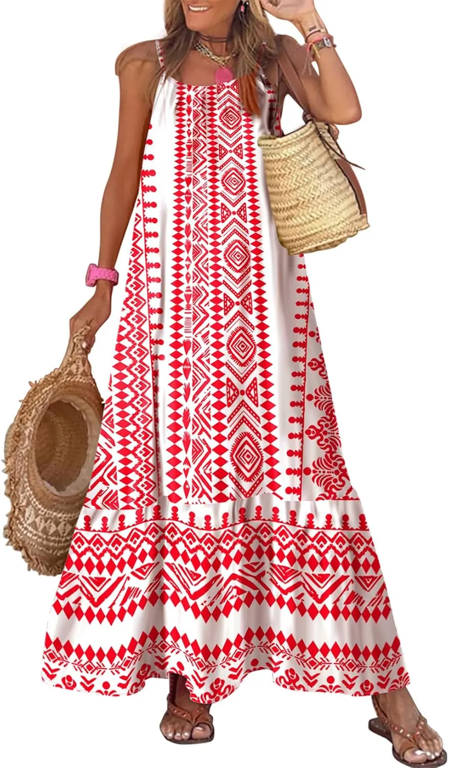Dokotoo Women Summer Dresses 2025 Spaghetti Strap Scoop Neck Smocked Ruffle Flowy Boho Maxi Dress