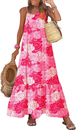 Dokotoo Women Summer Dresses 2025 Spaghetti Strap Scoop Neck Smocked Ruffle Flowy Boho Maxi Dress