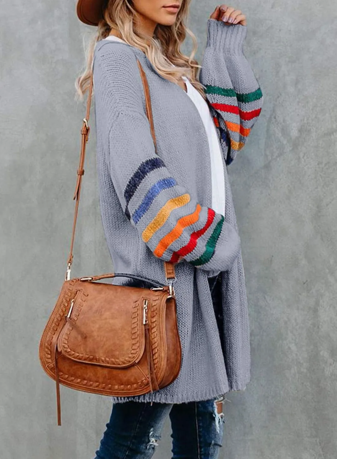Dokotoo Women's Long Open Front Cardigans Striped Color Block Loose Knit Sweaters Outwear Coat