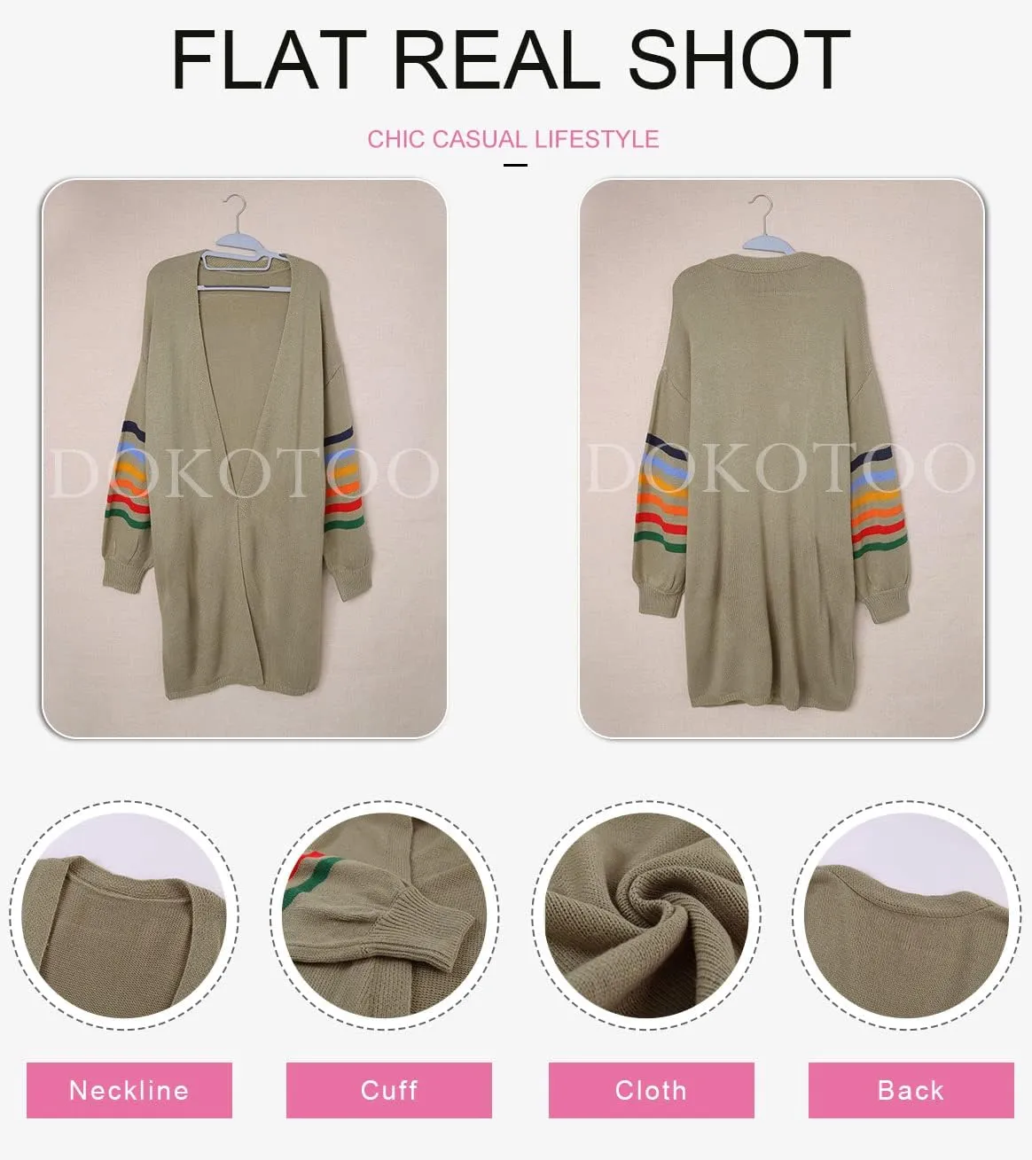 Dokotoo Women's Long Open Front Cardigans Striped Color Block Loose Knit Sweaters Outwear Coat