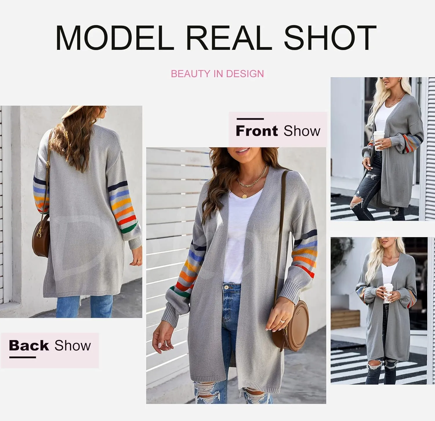 Dokotoo Women's Long Open Front Cardigans Striped Color Block Loose Knit Sweaters Outwear Coat
