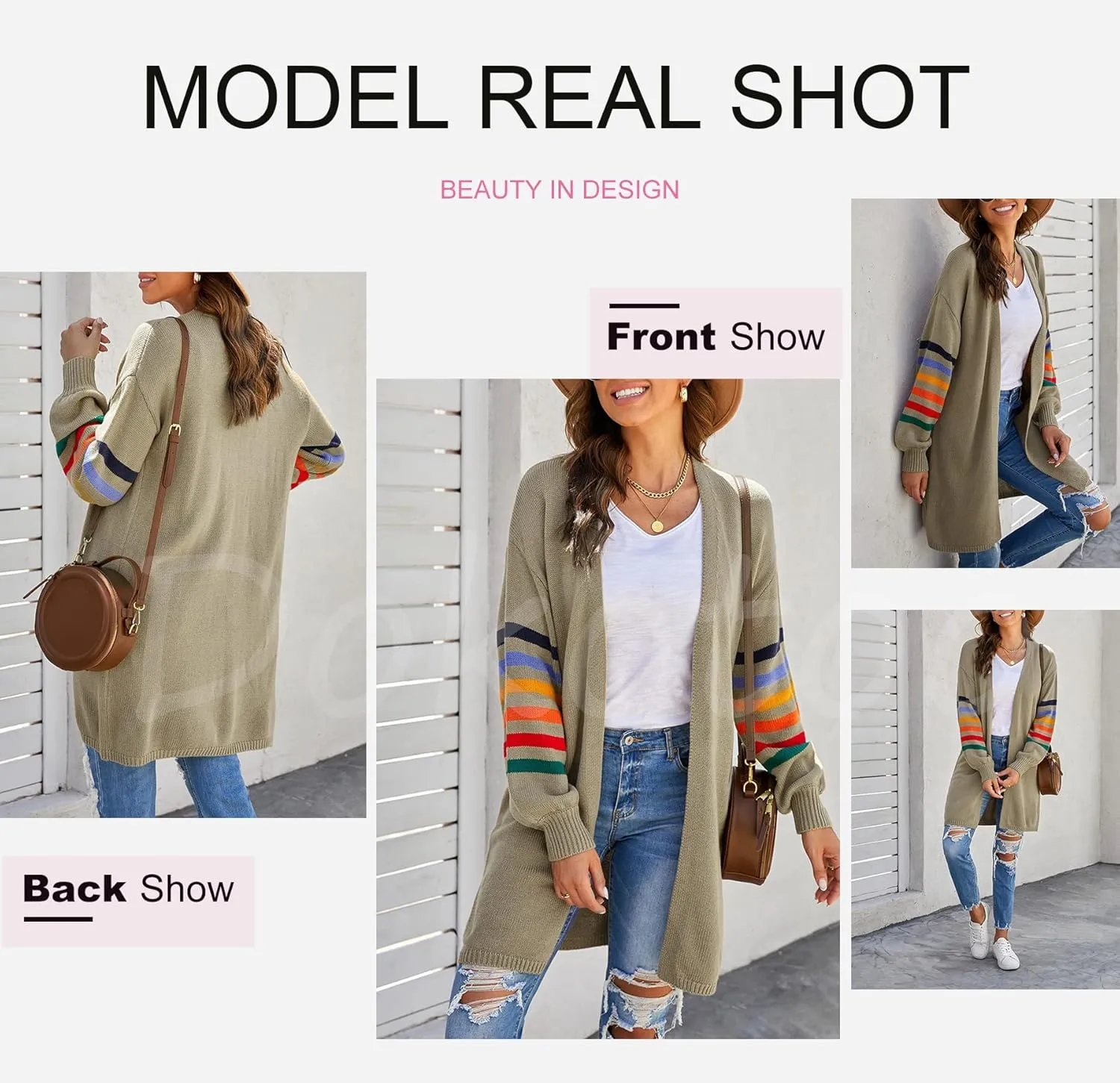 Dokotoo Women's Long Open Front Cardigans Striped Color Block Loose Knit Sweaters Outwear Coat