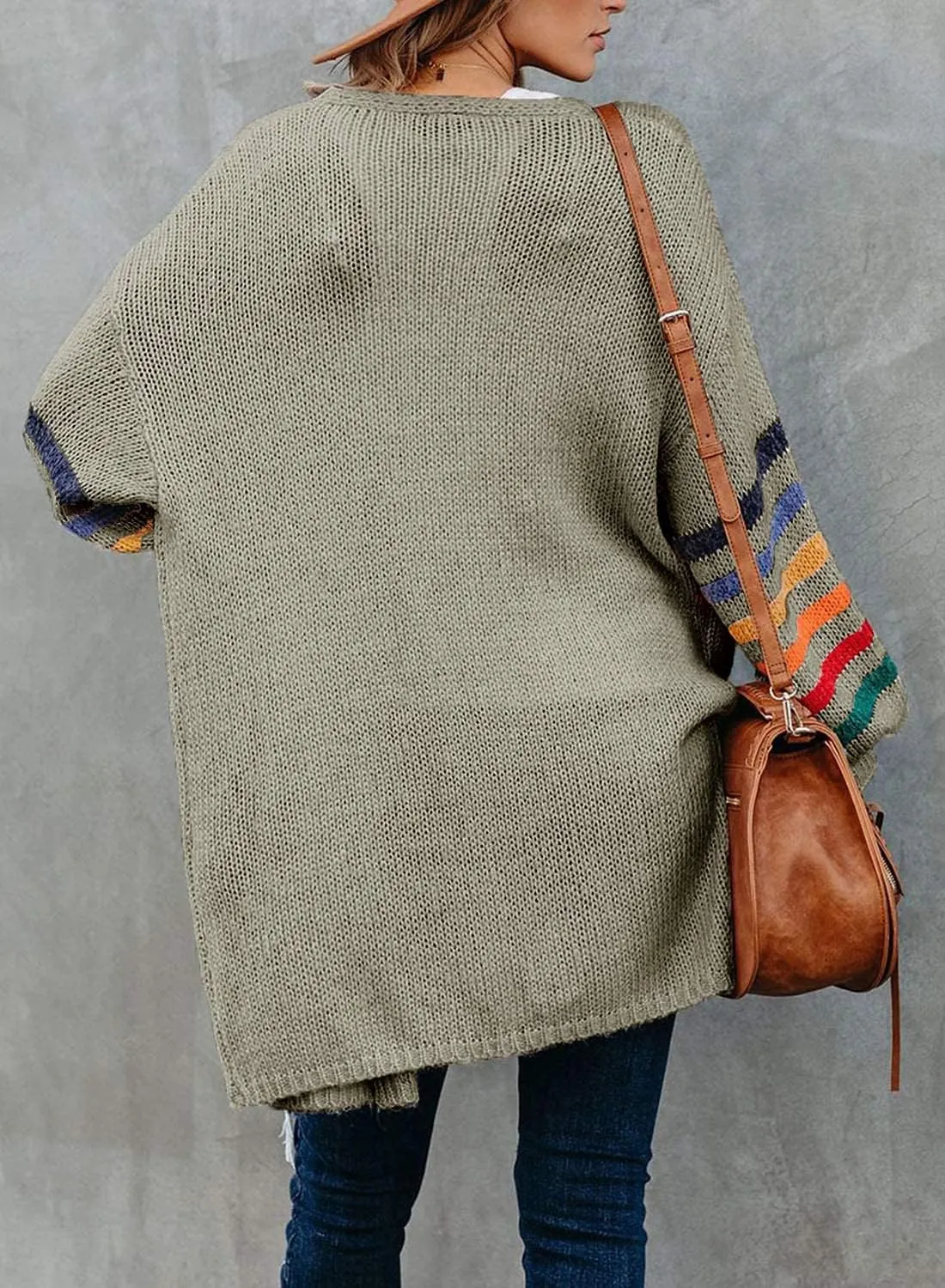 Dokotoo Women's Long Open Front Cardigans Striped Color Block Loose Knit Sweaters Outwear Coat
