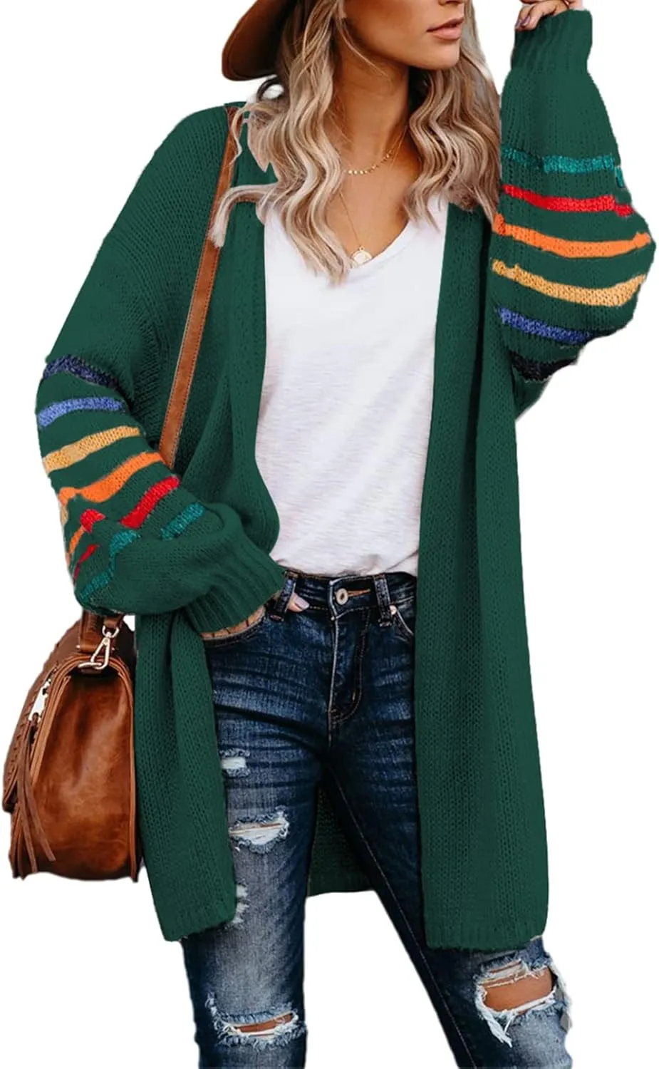 Dokotoo Women's Long Open Front Cardigans Striped Color Block Loose Knit Sweaters Outwear Coat