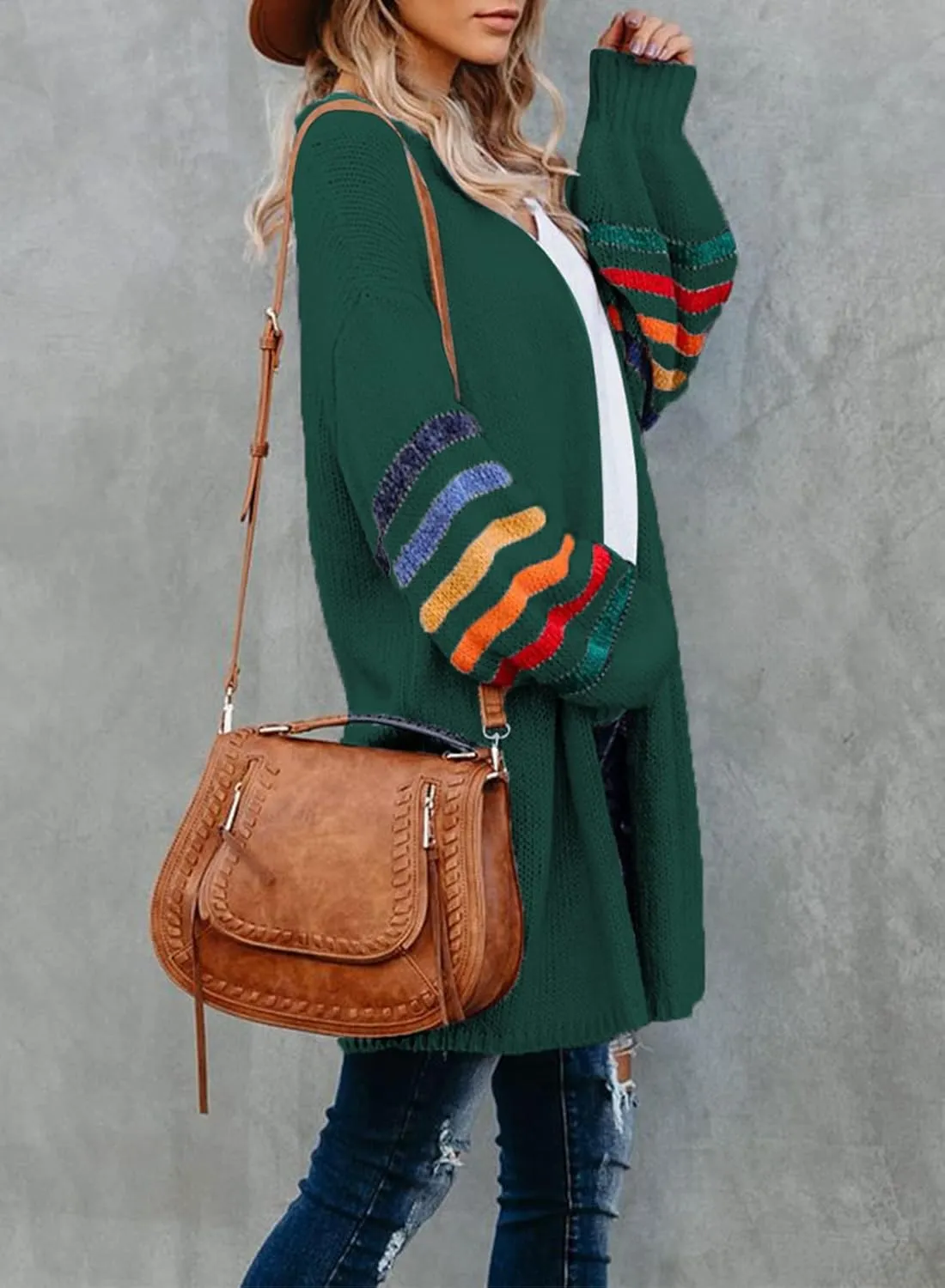 Dokotoo Women's Long Open Front Cardigans Striped Color Block Loose Knit Sweaters Outwear Coat